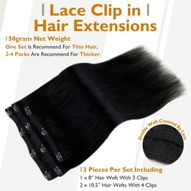 Full Shine Black Human Hair Extensions Clip ins 18 Inch Hair Extensions Real Human Hair Jet Black 50 Grams 3Pcs Lace Clip in Hair Extensions Remy Hair Double Weft for Thin