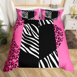 Manfei Kids Leopard Duvet Cover Set Full Size, Love Heart Comforter Cover with 2 Pillowcases, Black White Pink Leopard Zebra Print Bedding Set 3pcs for Boys Girls Bedroom Decor, Animal Quilt Cover