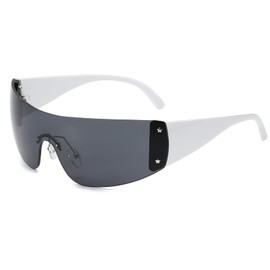 Ggpyyon Trendy Y2K Wrap Around Sunglasses for Women Men Rimless 2000s Shades Eyewear UV400 Protection, A4 White/Grey