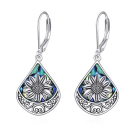 POPLYKE Sunflower Earrings 925 Sterling Silver Abalone Shell Filigree Dangle Leverback Earrings Sunflower Jewelry for Women Sensitive Ears