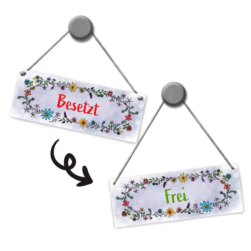 Grey toilet is free or occupied reversible sign with flower