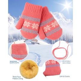 Bawnhaw Baby Warm Knit Mittens Winter Toddler Gloves for Infant Kids Girls Boys, Cute Snowflake Soft Elastic Thick Faux-Plush Lined with Neck Rope in Cold Weather