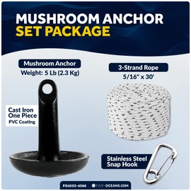 Five Oceans 5 Lb Mushroom Boat Anchor Kit, Black PVC Vinyl Coating, 3-Strand Rope 5/16" x30', Marine Snap Hook, for Paddle Board, Small Boat, Kayak, Jet Ski, Canoe Anchor - FO4553-4566
