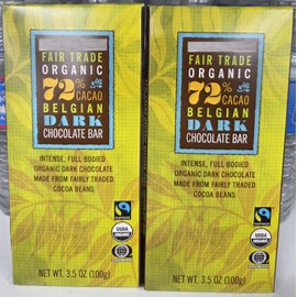 Trader Joe Fair Trade Organic 72% CACAO Belgian Dark Chocolate Bar 3.5oz 100g (Two Bars)