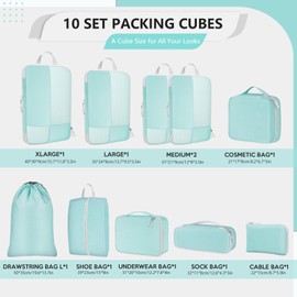 Avmvnvc Suitcase Organiser Set, 10-Piece Packing Cubes for Clothes, Packing Cube Set with Compression, Suitcase Organiser Set with Cosmetic Bag, Travel Organiser for Backpack and Suitcase, Blue