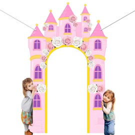 WADORN 2Pcs Pink Castle Photo Door Banner, 5.2x8.6 Ft Princess Castle Birthday Party Decorations Large Princess Theme Background Hanging Porch Banner Backdrop for Pink Birthday Party Supplies