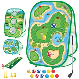 4-In-1 Kids Sticky Golf Games Set With Club, Golf Putting Practice Mat,3-Sided Golf Chipping Net, Multiple Game Modes, Golf Cornhole Board Set, Indoor & Outdoor Golf Practice For Kids & Adults