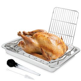 Stainless Steel Turkey Baking Roaster Pan Roasting Pan with V Rack, for Smoking and Grilling Chicken, Bird, and Pork Cooking Rack with 15.5*11.6*2 inch Roasting Pan for Smokers, Grill and Oven