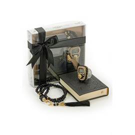 İhvan Online Medina Calligraphy Quran Set with Islamic Finger Counter, Portable Digital Prayer Tasbeeh, Pearl Zikirmatic Beads, 3 Pieces Gift for Ramadan & Eid & Mevlüt (Black)