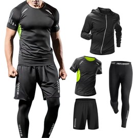 ciciibear Men's Sportswear 4-Piece Top and Bottom Set, Running Wear, Compression Wear, Long Sleeve, Short Sleeve, Exercise Wear, Breathable, Sweat Absorbent, Quick Drying, Cycling, Walking, Training, Climbing (4, Set A, M)