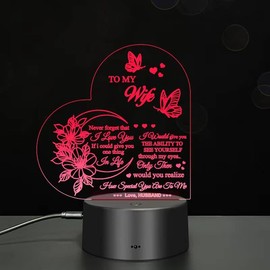 Xdorra Dear Wife I Love You 3D Light, 7-Color USB Charging Bedside Lamp Decoration, I Love You My Wife 3D Light Gift from Husband, New Love Heart Wife's Birthday Gifts, Home Decoration for My Wife