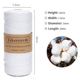 Likeecords Macrame String, 3 mm x 100.5 Metres, Coloured Macrame Rope, Cotton Rope, Macrame Yarn, Colourful Cotton Craft Cord for Hanging, Plant Hangers, Crafts, Knitting (Pure White)