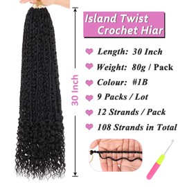 Samtress 30 Inch Boho Senegalese Twist Crochet Hair with Curls 9 Packs Pre-Looped Boho Island Twist Crochet Hair Extensions Long Natural Black Bohemian Goddess Twist Crochet Braids for Women (#1B)
