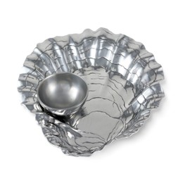 Arthur Court Aluminum Metal Oyster Chip Bowl with Pearl Dip Bowl - Formal and Everyday Coastal décor 15 inch x 13.5 inch