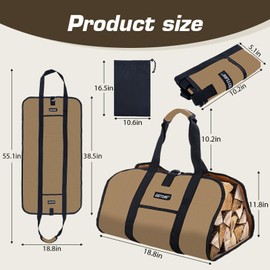 Goture 16oz Waxed Canvas 38.5×18 inch Firewood Carrier Heavy Duty Log Carrier Large Firewood Bag with Open-Side Firewood Storage Tote for Camping Indoor Khaki
