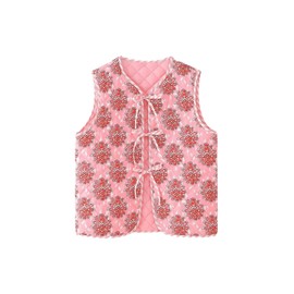 MakeMeChic Women's Floral V Neck Tie Front Vest Sleeveless Quilted Jacket Outerwear Pink Small