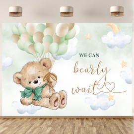 InMemory Bear Baby Shower Backdrop for Boy Girl Watercolor Sage Green Hot Air Balloons Clouds Stars We Can Bearly Wait Sign Banner Neutral Newborn Party Photo Props Decor Background 7x5ft