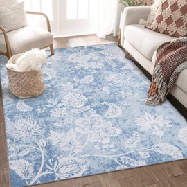 GarveeHome Area Rug 5x7 Washable Rug Large Bedroom Rug Non-Slip Modern Floral Area Rug Indoor Stain Resistant Boho Flower Rug Throw Floor Carpet Farmhouse Retro Rug for Living Room Dining Room, Blue