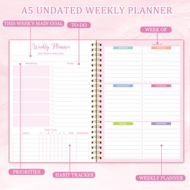 Weekly Planner Undated A5 Diary To Do List Notebook With Habit Tracker For Work,Study,Academic,52 Pages