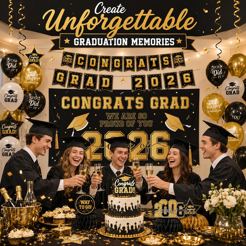 2026 Graduation Decorations Set, Gold and Black Party Supplies -