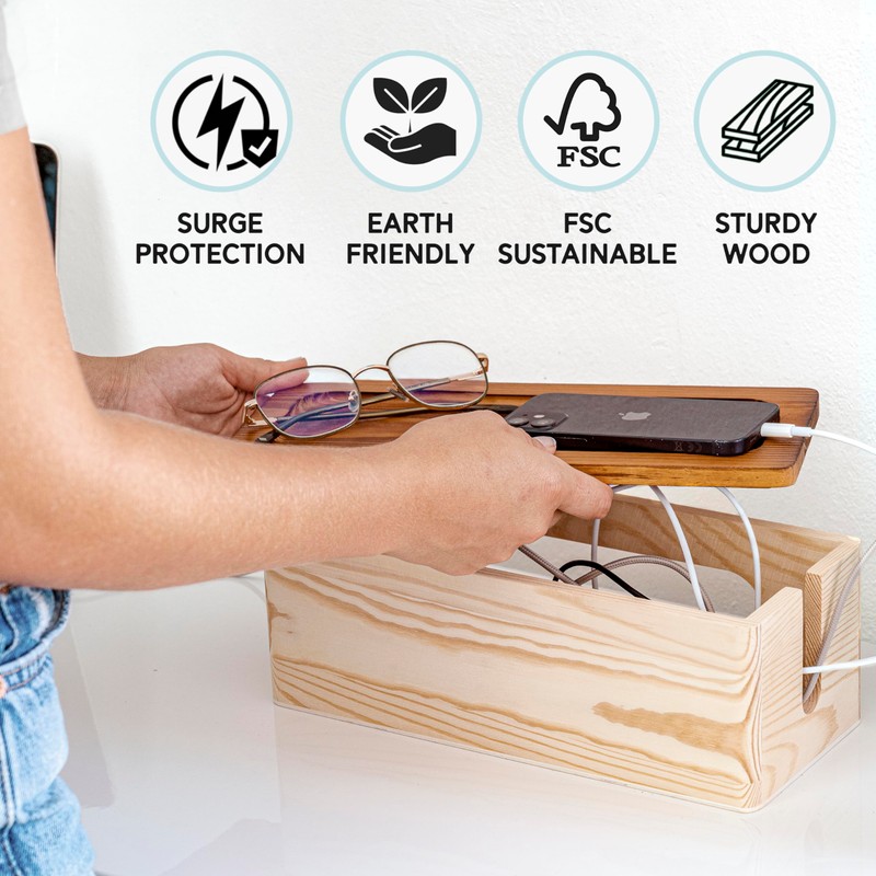 NATURE SUPPLIES Set of Two Natural Wood Cable Management Box,