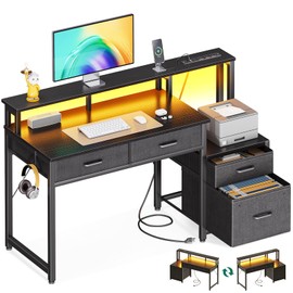 AODK 48-Inch Computer Desk with Fabric File Cabinet and Fabric Drawers, Reversible Office Desk with LED Strip and Power Strip, Gaming Desk with Monitor Riser, Writing/Study Table for Home, Black