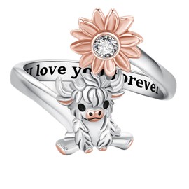 DRINSPER Highland Cow Ring Gifts for Women 925 Sterling Silver Adjustable Cow Open Rings with Sunflower Cute Animal Cow Jewelry for Women MOM Birthday Mother's Day Daughter