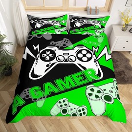 Kids Gaming Bedding Sets Single Size Boys Gamepad Gamer Duvet Cover Set Cartoon Lightning Game Console Comforter Cover Video Games Bedspreads Cover Gamer Room Decor With 1 Pillow Case Green Black