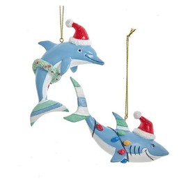 Kurt S. Adler Whimsical Dolphin and Shark in Santa Hats Christmas Ornaments Set of 2