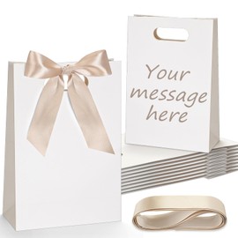 Aliceset 12 Pcs Thank You Bridesmaid Gift Bags with Die Cut Handles 10 x 7 x 3. 15'' Welcome Bags Return Gifts with Bow Ribbon for Bridal Baby Shower Birthday Wedding Housewarming(White,Champagne)