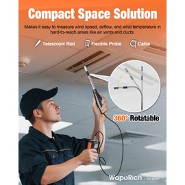 WapoRich Hot Wire Anemometer with Thermometer RQ-9000F Digital Wind Speed Gauge HVAC for Duct Inspection with Telescopic Probe Wind Speed 0.04 - 98.8 ft (0.1 - 30 m/s) / Temperature 0 - 45 °C, CFM/CMS