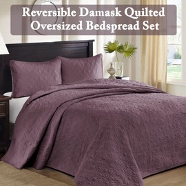 Madison Park Quebec Reversible Damask Design, Double Sided Quilting All Season, Lightweight Coverlet Bedspread Bedding Set, Matching Shams, King(120"x118"), Purple