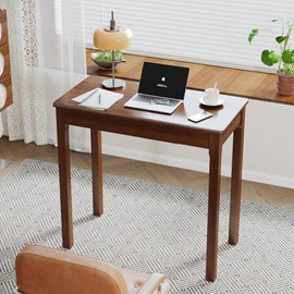 WOPITMER Solid Wooden Desk with Drawers - 32 x 16 Inch Vintage Narrow Desks, Rubberwood Mid Century Modern Desks, Small Writing Desk for Bedroom|Small Spaces - Walnut Color