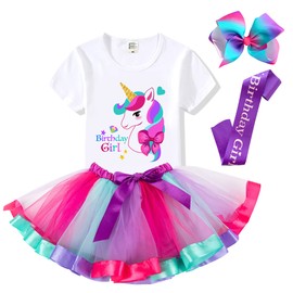Birthday Girls Costume – Headband, Shirt, Tutu Skirt Dress, Satin Sash - Unicorn Gifts for Girls (Birthday Girl 7, 9-10 Years)