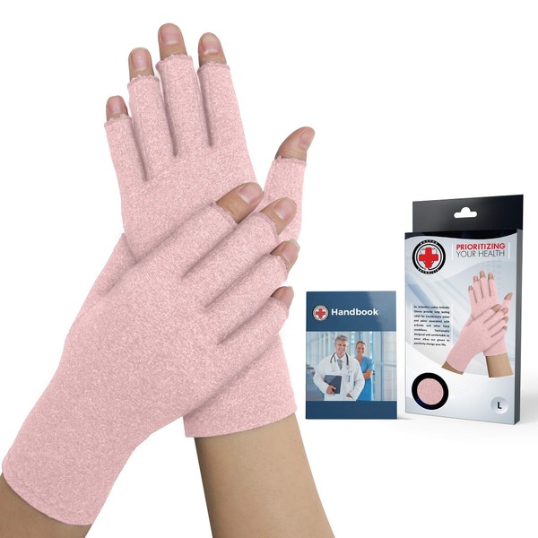 Doctor Developed Compression Gloves for Arthritis & Doctor Written Handbook/Fingerless Arthritis Gloves for Women & Men, Hand Support for Arthritis Pain Relief & Carpal Tunnel (Pink, M)