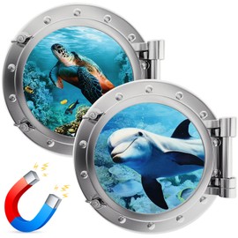 2 Pcs Cruise Door Decorations Magnetic Porthole Cruise Door Magnets 10 Inch Set Palm Tree Cruise Dolphin Turtle The Sea Nature Scenery Fridge Decor for Carnival Cruise Car (Marine Style)