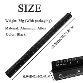 Aluminum Architectural Scale Ruler 30cm, Laser-Etched Multi-Scale 1:100, 1:200, 1:250, 1:300, 1:400, 1:500, Triangle Engineer Ruler for Architects, Engineers, Students & Draftsmen - Black