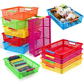 Uiifan 12 Pcs Classroom Plastic Storage Basket A4 Size Desktop Organizer Trays with Handles Large Colorful Mesh Storage Basket Paper File Letter Organizer Bins for School Supplies