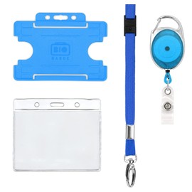Retractable Lanyard and Badge Holder 4 Piece Pack by PCL Media Ltd - Set Includes A Single Plain Lanyard, Extendable Carabiner Yoyo Reel Clip Clear ID Pocket and Rigid ID Card Holder (Blue)