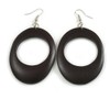 Open Cut Oval Wooden Hoop Earrings in Black - 80mm