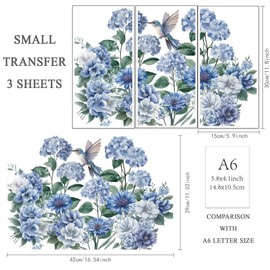 OLYCRAFT 3 Pieces/Set Blue Flowers for Rubbing Transfers for Furniture and Crafts 15 x 30 cm Hydrangea Hummingbird Chrysanthemums Transfer Stickers for Rubbing Decals