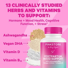 Pink Stork Postpartum Essentials for Hormone Balance, Recovery, and Mood Support for Women - Postnatal Vitamins with Ashwagandha, Raspberry Leaf Tea, and Chamomile Tea - Gifts for New Mom - Set of 3