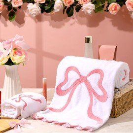 Fanfanwin Set of 2 Coquette Bow Bath Towels Set Scalloped Pink Embroidered Hand Towel 100% Cotton Cute Preppy Decorative for Bathroom Shower Supplies