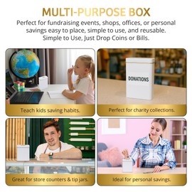 Metal Tin Charity Donation Box Tip Container Coin Collection Ticket Box Square shaped 5" H x 3" W x 3" D with slot on removable cover (10 Pack) White