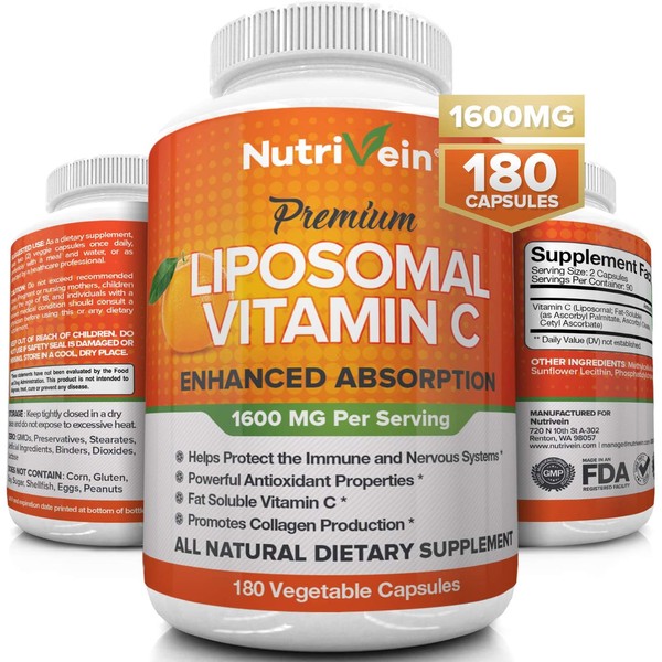 Nutrivein Liposomal Vitamin C 1650mg - 180 Capsules - High Absorption Ascorbic Acid - Supports Immune System and Collagen Booster - Powerful Antioxidant High Dose Fat Soluble Supplements