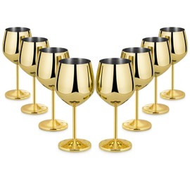 Lifecapido Stainless Steel Wine Glasses Set of 8, 18oz Stainless Steel Wine Goblets, Stemmed Metal Wine Glasses with Cup Brush for Party Office Wedding Anniversary, Great for Red White Wine (Gold)