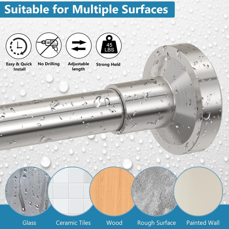 Bonpally Shower Curtain Rod 32-75 Inches Adjustable, Non-Slip Spring Tension