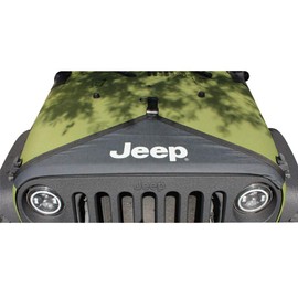 Mopar 82210316 Hood Cover Black, T-style, matches top and tire covers, with Jeep brand logo. Covers just the hood, photo is of full front end cover which includes a T hood cover