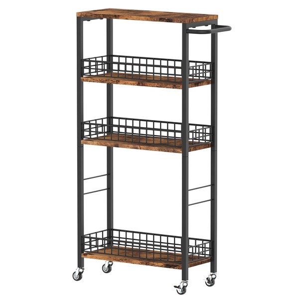 Slim Storage Cart Rolling Kitchen Cart with Wheels Narrow Laundry Storage Utility Cart 4 Tier Bathroom Mobile Shelving Unit Organizer with Wood Tabletop Trolly Cart with Handle for Small Spaces, Brown