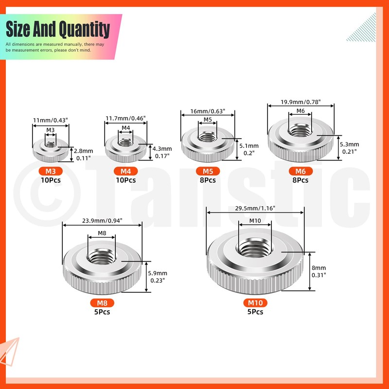 Tanstic 46Pcs Round Knurled Thumb Nuts Conector Lock Adjusting Nuts